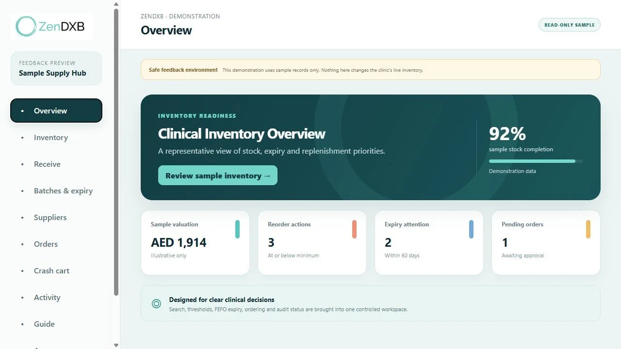 ZenDXB Clinical Supply Hub dashboard interface
