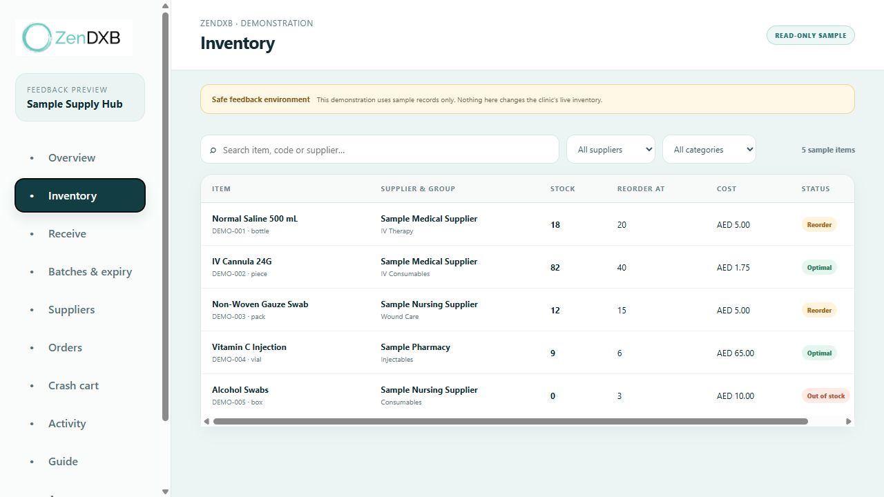ZenDXB inventory screen